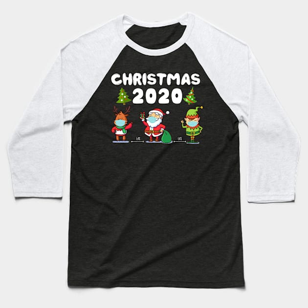 Santa Wearing Mask Elf Reindeer Pine Tree Quarantine Christmas 2020 Baseball T-Shirt by mittievance